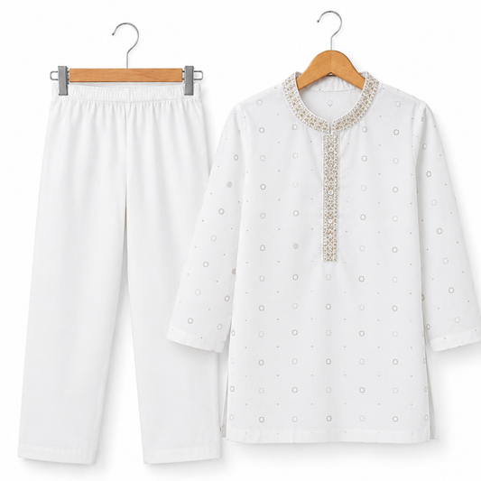 Boys Classic White Embroidered Kurta Set - 2 PC