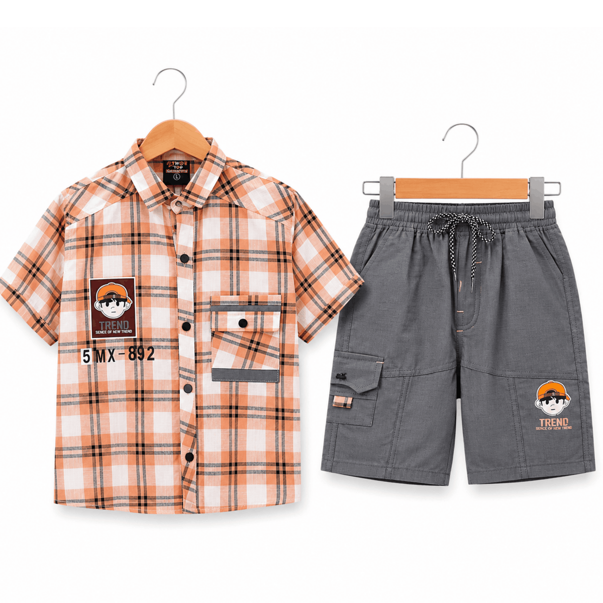 Boys Orange Checked Shirt & Grey Cargo Shorts Co-Ord Set