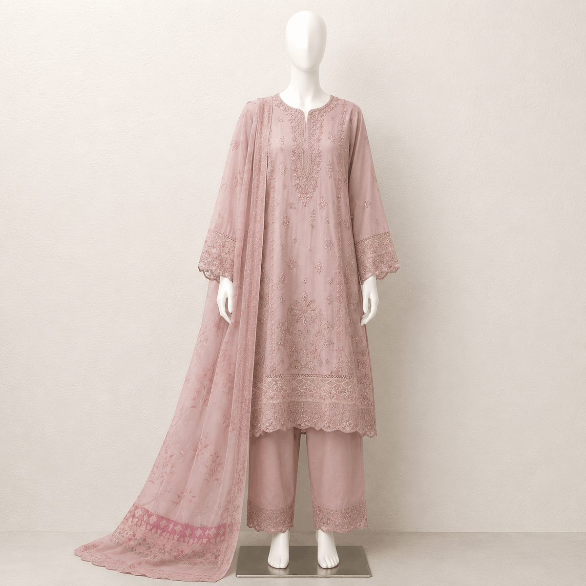 Dusty Mauve Pink Embroidered 3 Piece Lawn Suit