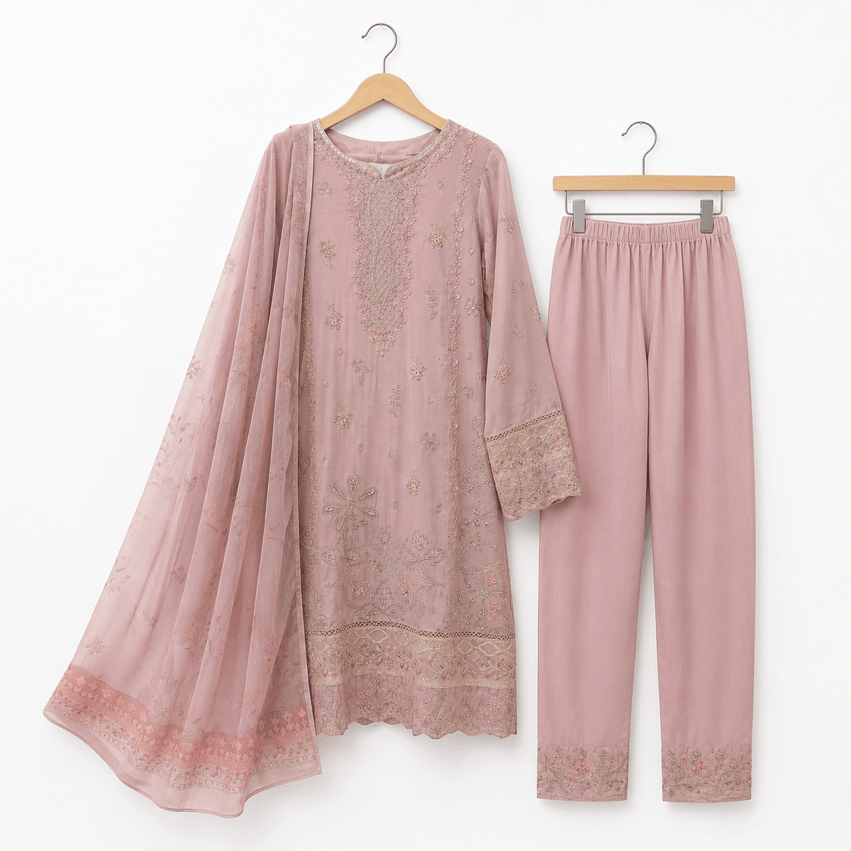 Dusty Mauve Pink Embroidered 3 Piece Lawn Suit
