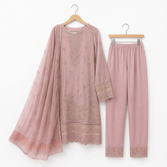 Dusty Mauve Pink Embroidered 3 Piece Lawn Suit