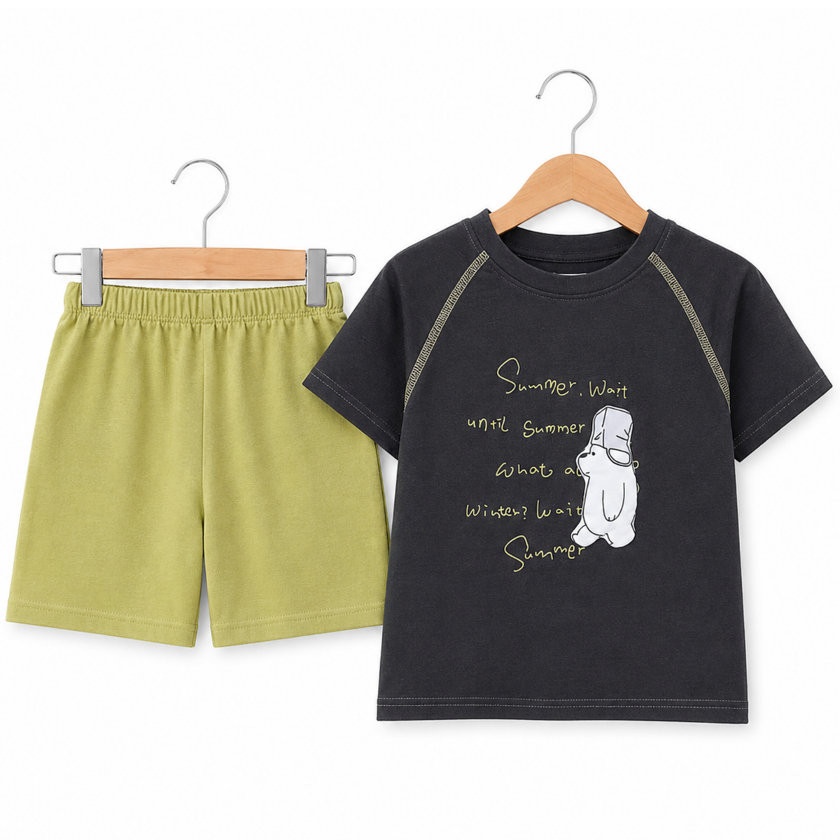 Kids Charcoal Grey & Lime Green Casual Shorts Set - 2 PC