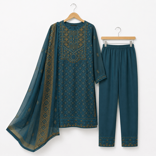 Deep Teal Blue Embroidered 3 Piece Lawn Suit