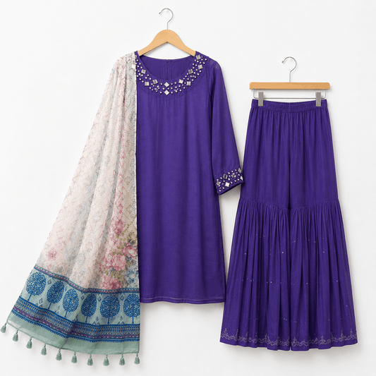 Royal Purple Mirror Work 3 Piece Gharara Suit