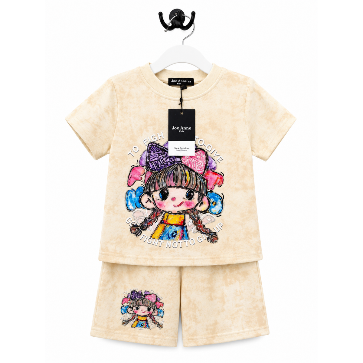 Girls Beige Cloud-Dye Anime Doll Shorts Set - 2 PC