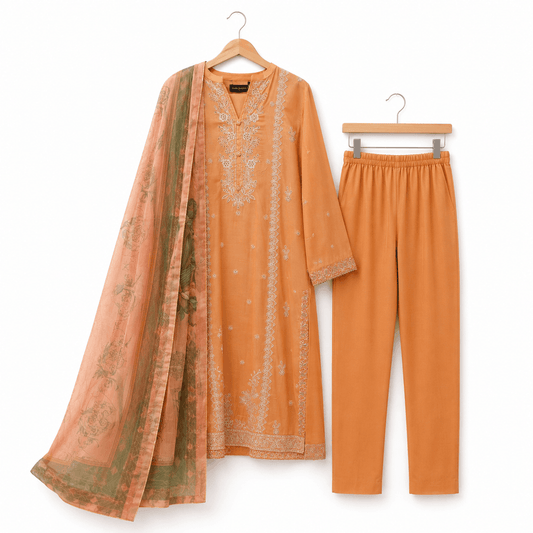 Mustard Peach Embroidered 3 Piece Lawn Suit