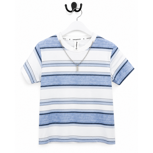 Boys Blue Striped Streetwear Tee with Chain
