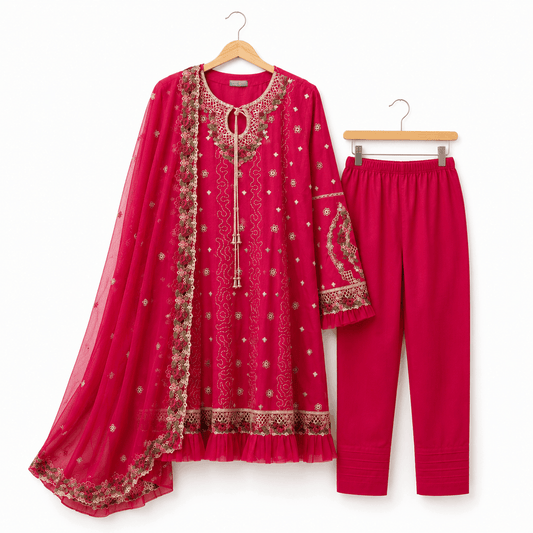 Magenta Pink Embroidered 3 Piece Lawn Suit