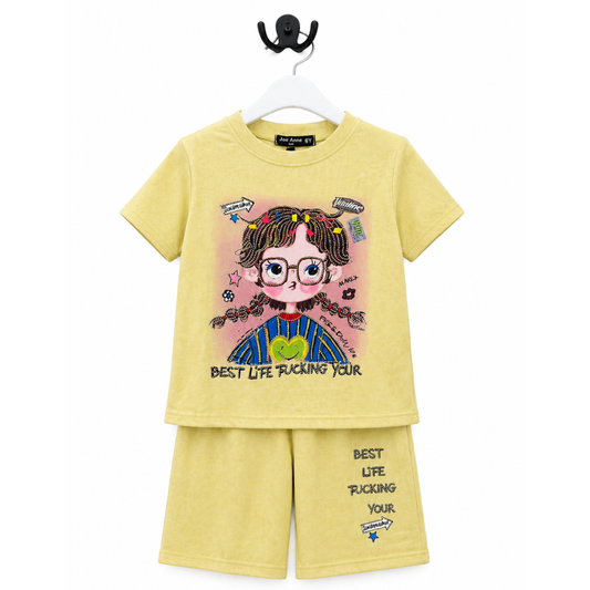 Girls Mustard Yellow Cloud-Dye Doll Shorts Set - 2 PC