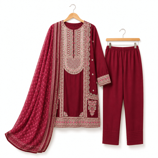 Maroon Embroidered 3 Piece Lawn Suit