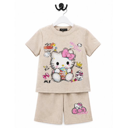 Girls Beige Cloud-Dye Hello Kitty Shorts Set - 2 PC