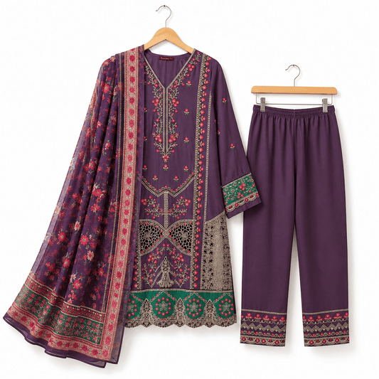 Plum Purple Embroidered 3 Piece Lawn Suit