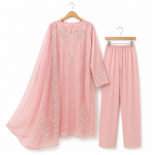 Chic Embroidered Pink Suit