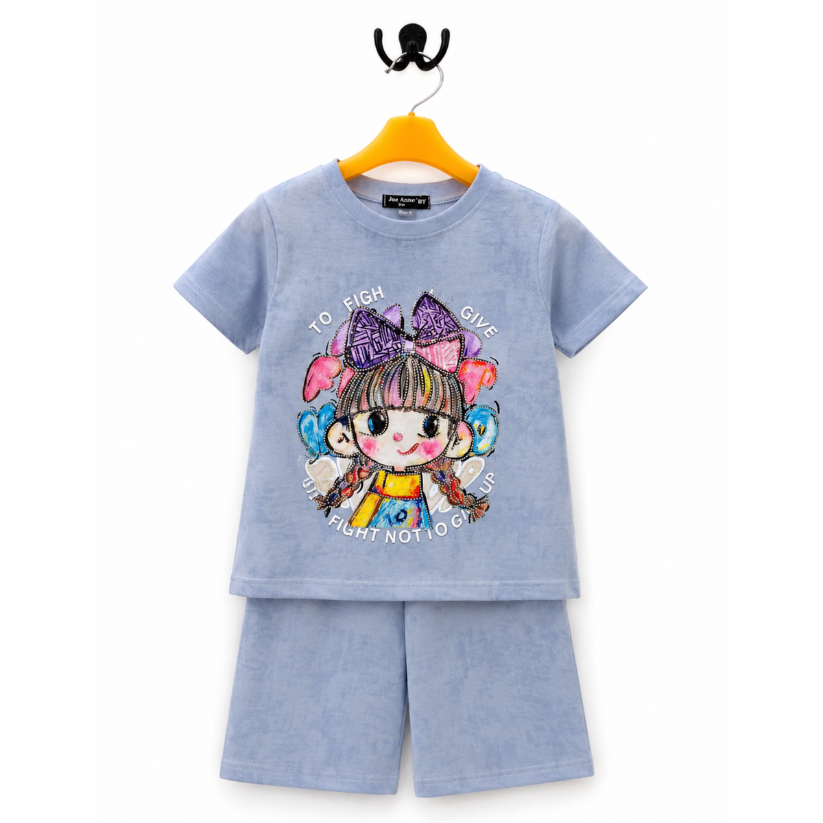 Girls Powder Blue Cloud-Dye Anime Doll Shorts Set - 2 PC