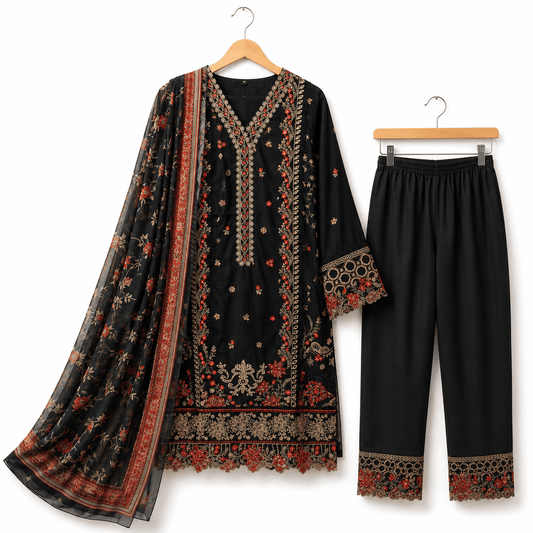 Jet Black Embroidered 3 Piece Lawn Suit