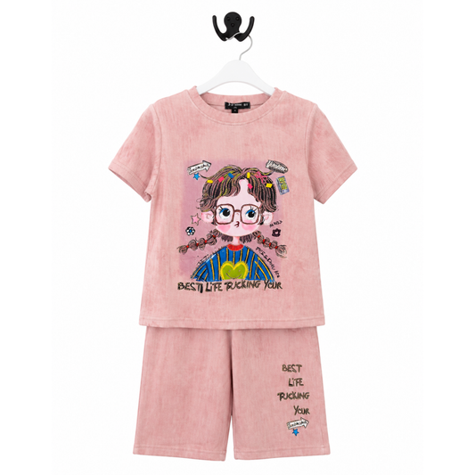 Girls Dusty Pink Cloud-Dye Doll Shorts Set - 2 PC