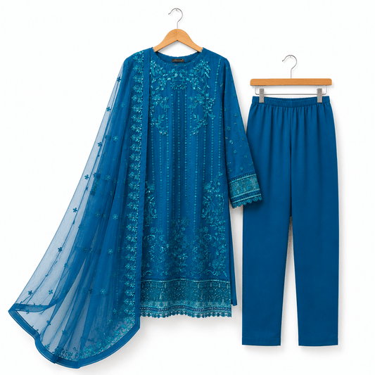 Peacock Blue Embroidered 3 Piece Lawn Suit
