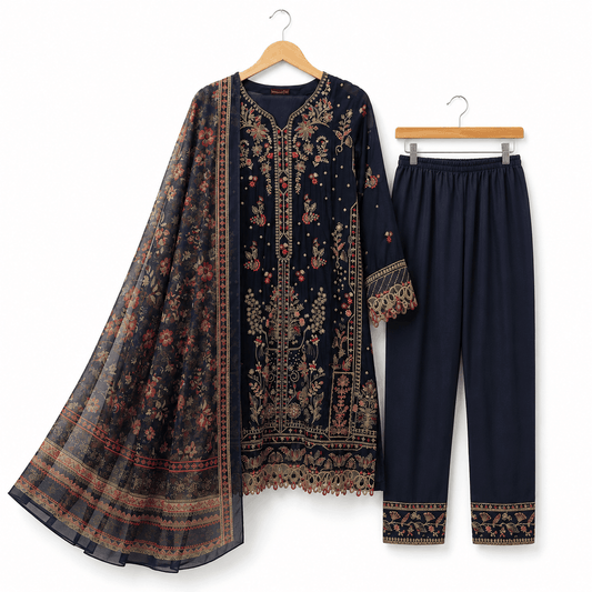 Navy Blue Embroidered 3 Piece Lawn Suit