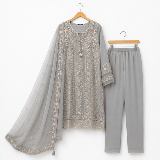 Pastel Grey Embroidered 3 Piece Lawn Suit