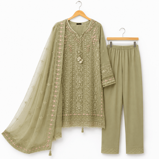 Olive Green Embroidered 3 Piece Lawn Suit