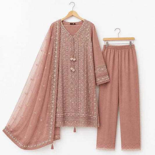 Dusty Rose Embroidered 3 Piece Lawn Suit