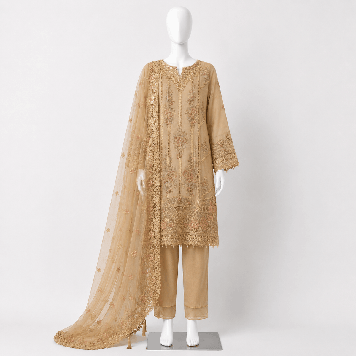 Beige Embroidered 3 Piece Lawn Suit
