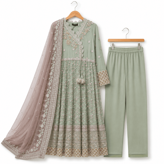 Mint Green Embroidered 3 Piece Lawn Peshwas Suit