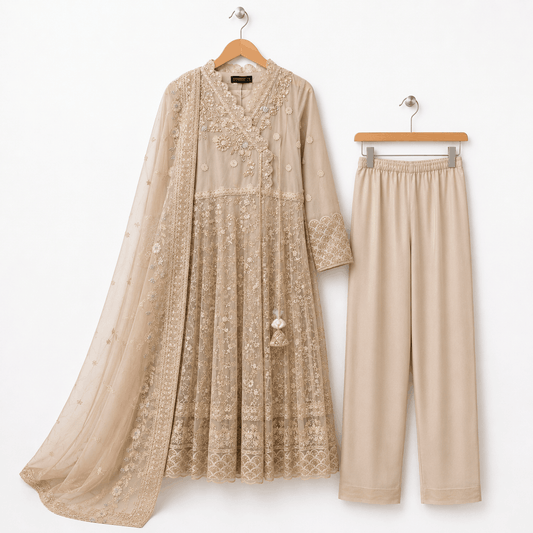 Beige Embroidered 3 Piece Lawn Peshwas Suit