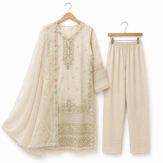 Pastel Embroidered Beige Suit