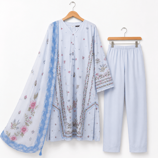 Sky Blue Printed 3 Piece Lawn Suit