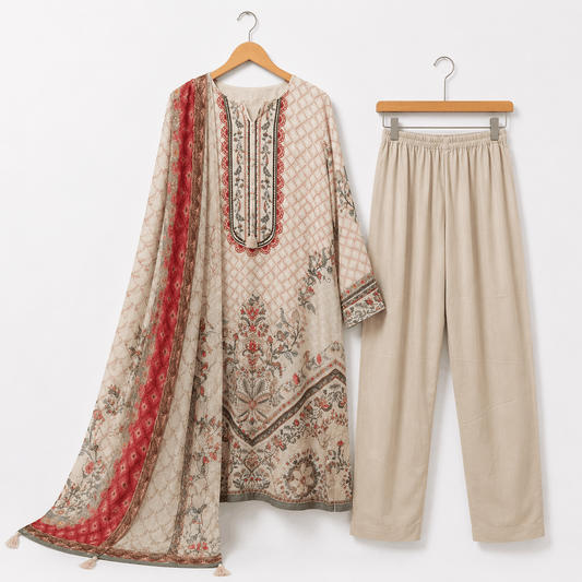 Beige and Maroon Printed 3 Piece Lawn Suit