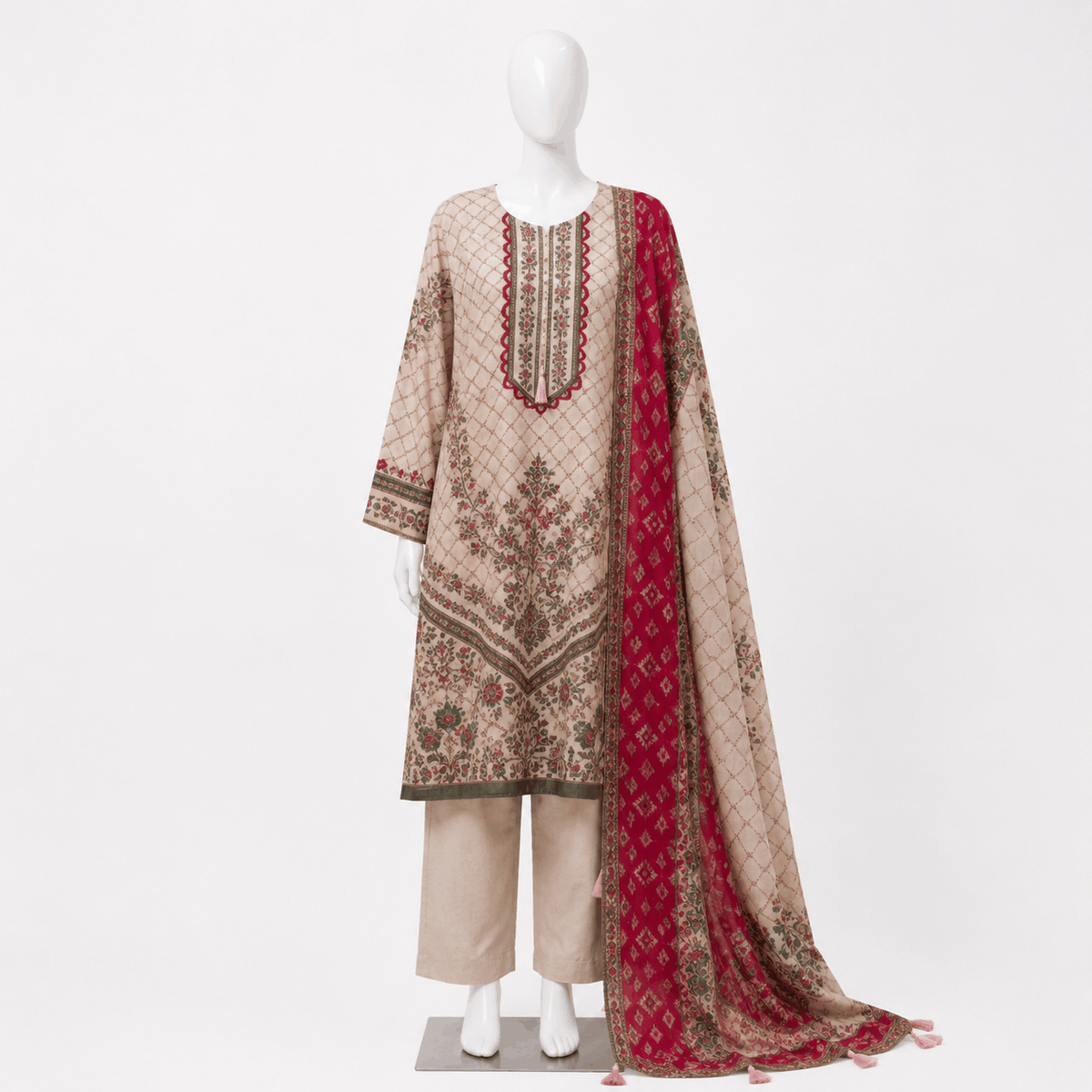 Beige and Maroon Printed 3 Piece Lawn Suit