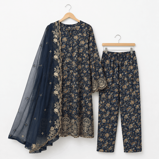 Navy Blue Embroidered 3 Piece Lawn Suit
