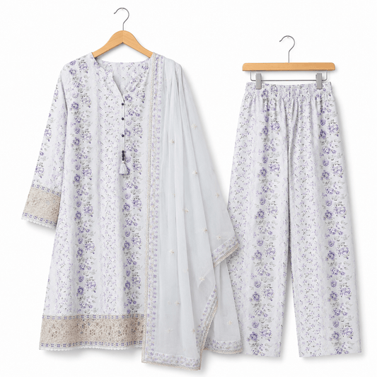 Lavender and White Embroidered 3 Piece Lawn Suit