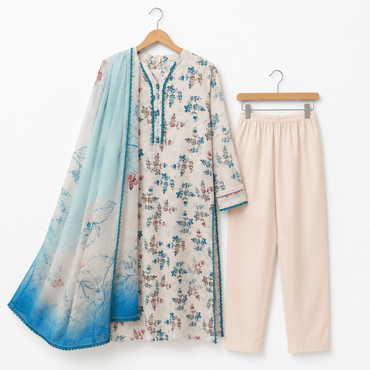 Cream and Turquoise Printed 3 Piece Lawn Suit