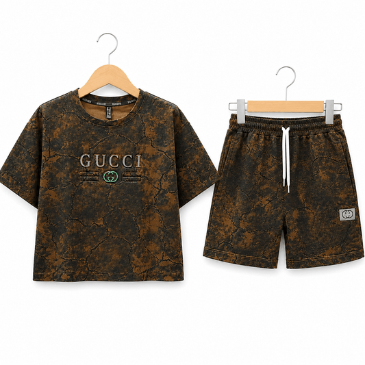 Boys Premium Brown Marble Print T Shirt and Shorts Set