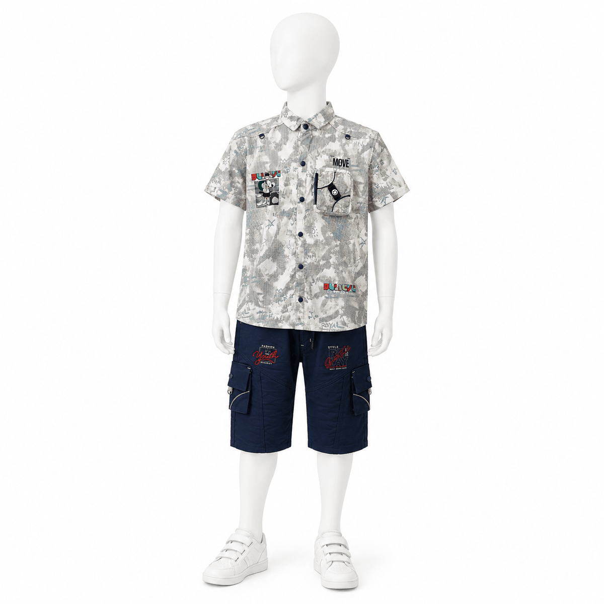 Boys Abstract Print Button Up Shirt and Cargo Shorts Set