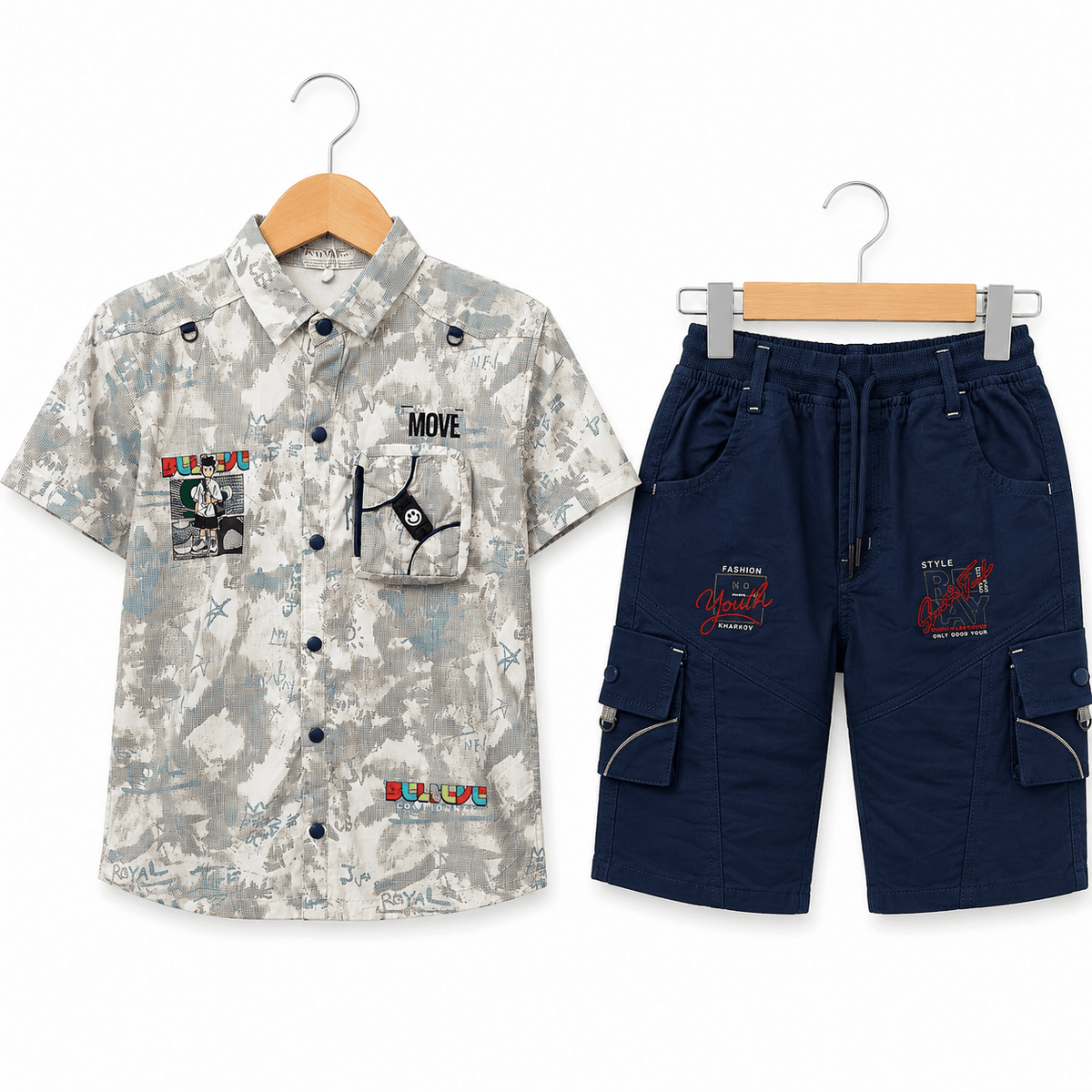 Boys Abstract Print Button Up Shirt and Cargo Shorts Set
