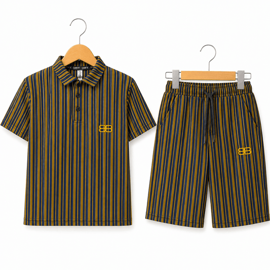 Boys Mustard and Navy Vertical Striped Polo Shirt and Shorts Set