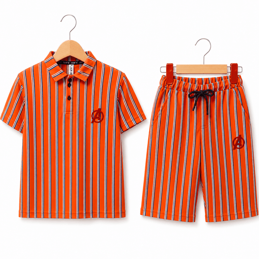 Boys Orange Superhero Avengers Logo Striped Polo and Shorts Set