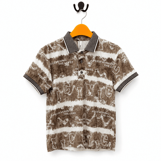 Boys Brown and White Textured Striped Graphic Polo Shirt