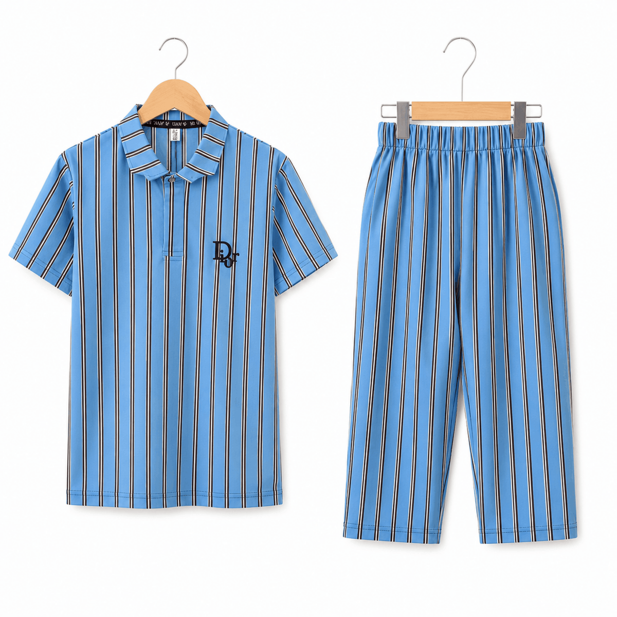 Boys Sky Blue Vertical Striped Polo Tracksuit Set - 2 PC
