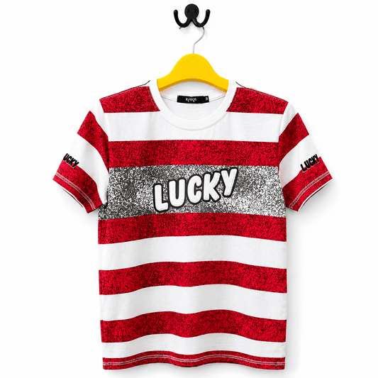 Kids Red Striped Lucky Graphic T Shirt