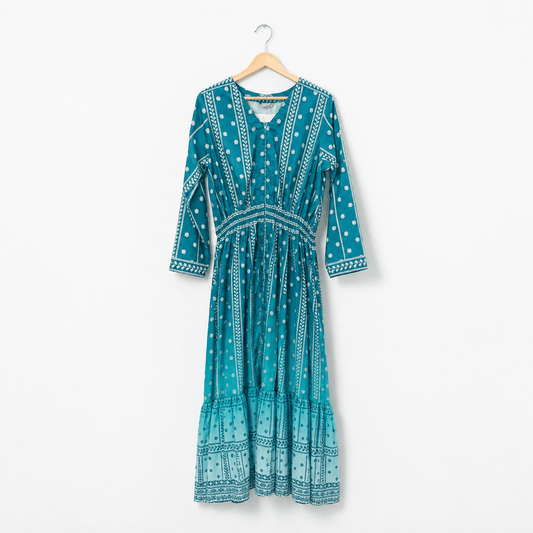 Womens Teal Blue Printed Tiered Maxi Dress with Long Sleeves