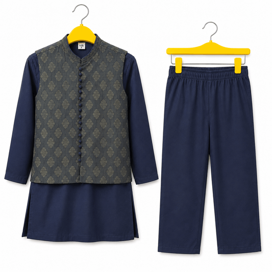 Boys Navy Blue Kurta Pajama with Banarasi Print Waistcoat Set