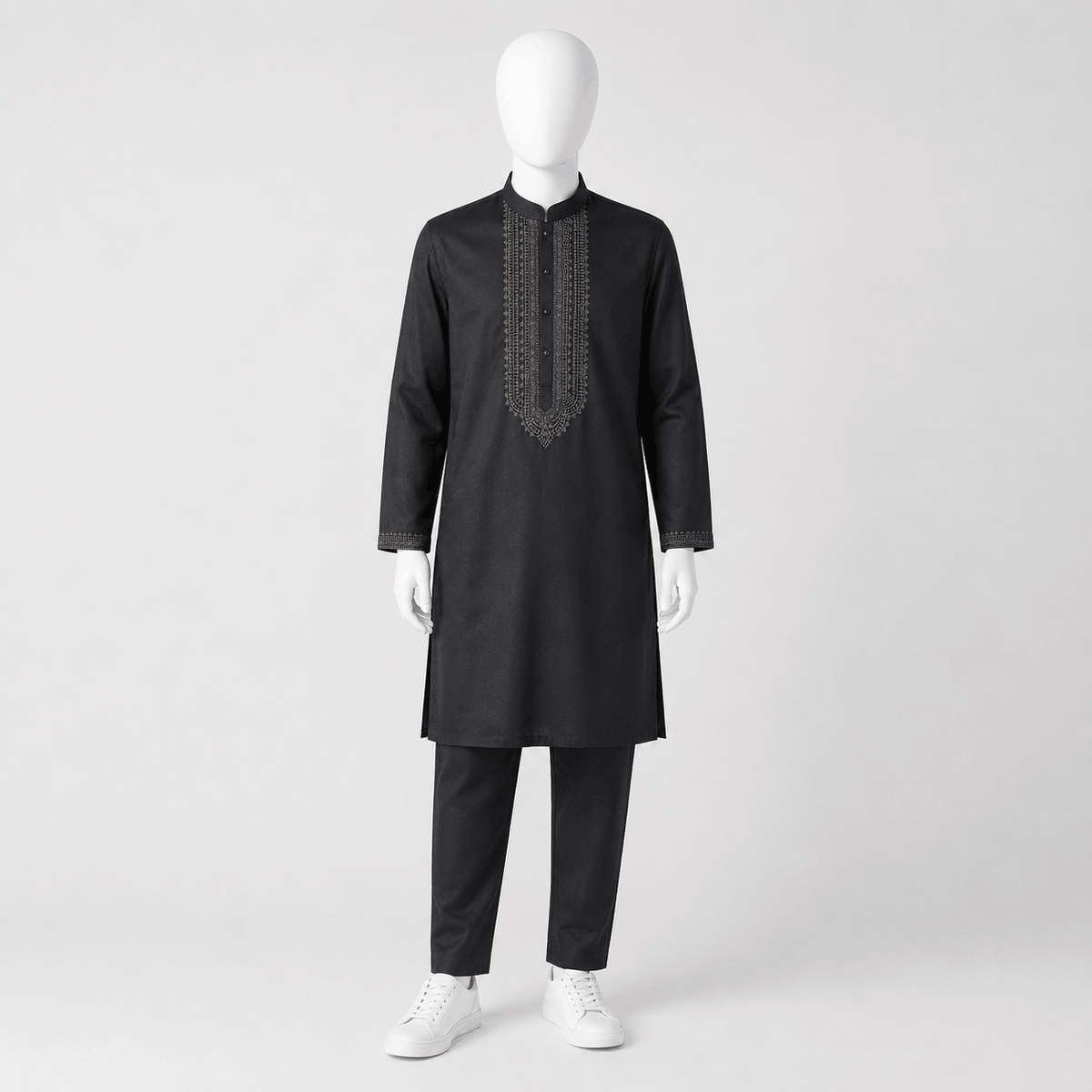 Boys Jet Black Embroidered Kurta Pajama Festive 2 Piece Set
