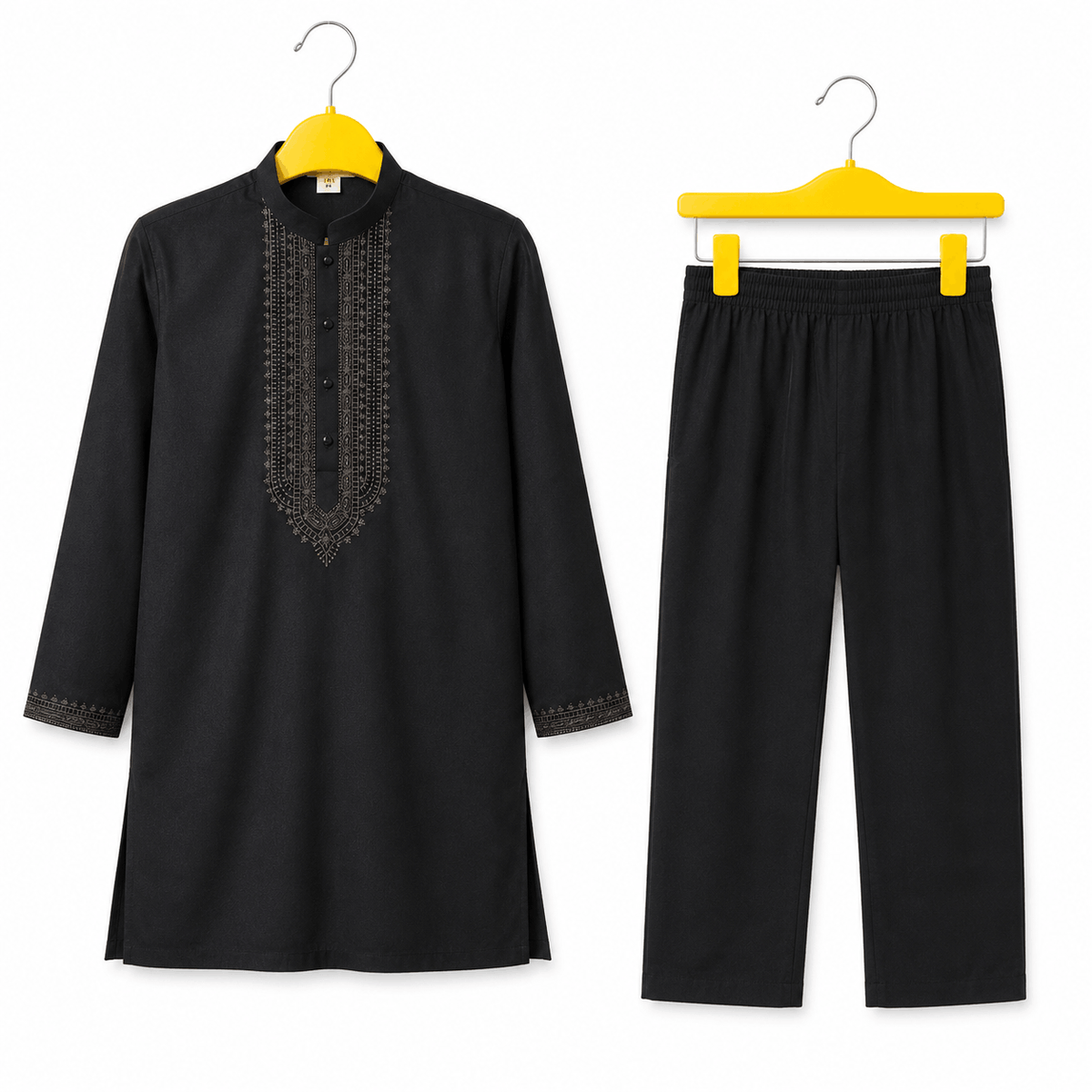 Boys Jet Black Embroidered Kurta Pajama Festive 2 Piece Set