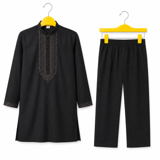 Boys Jet Black Embroidered Kurta Pajama Festive 2 Piece Set
