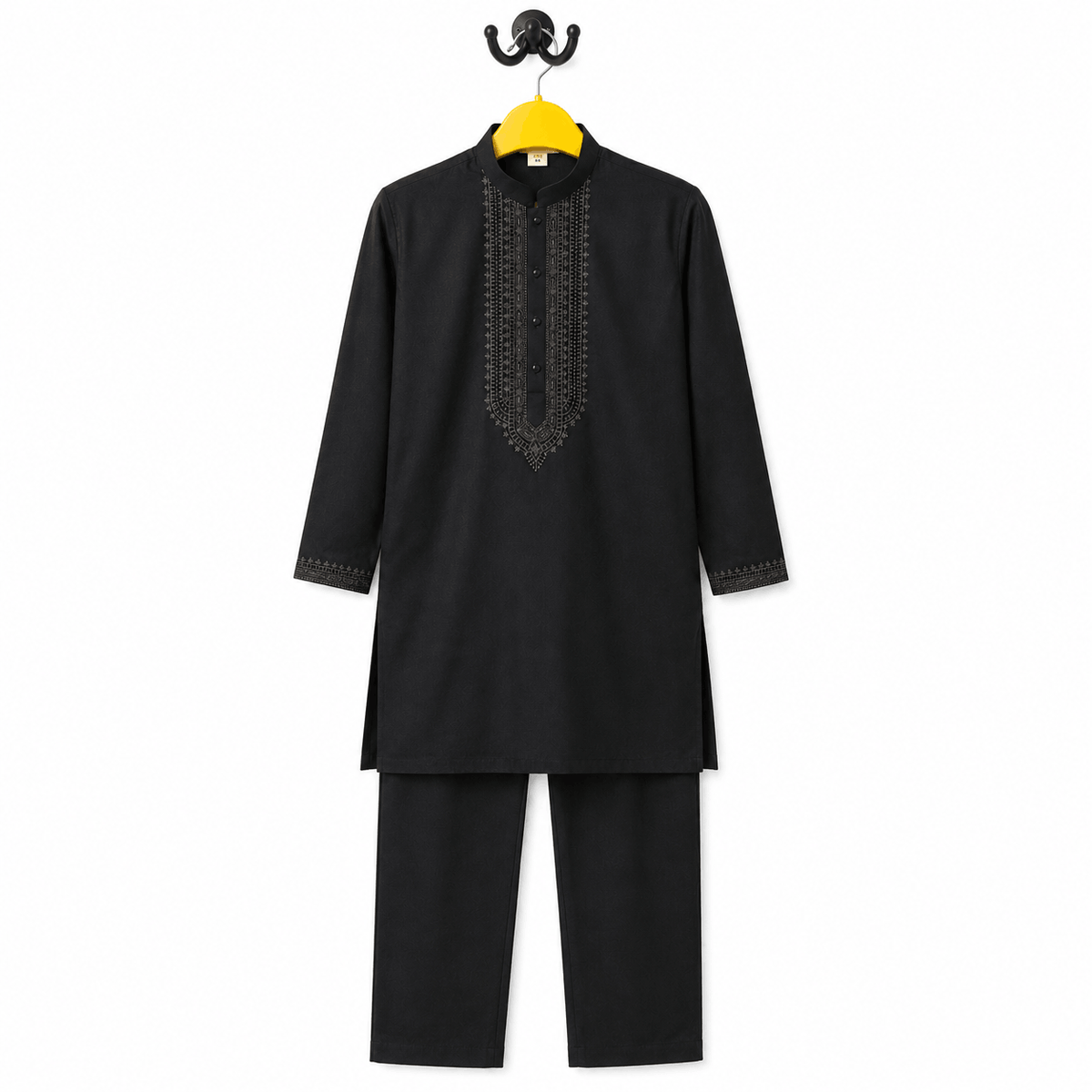 Boys Jet Black Embroidered Kurta Pajama Festive 2 Piece Set