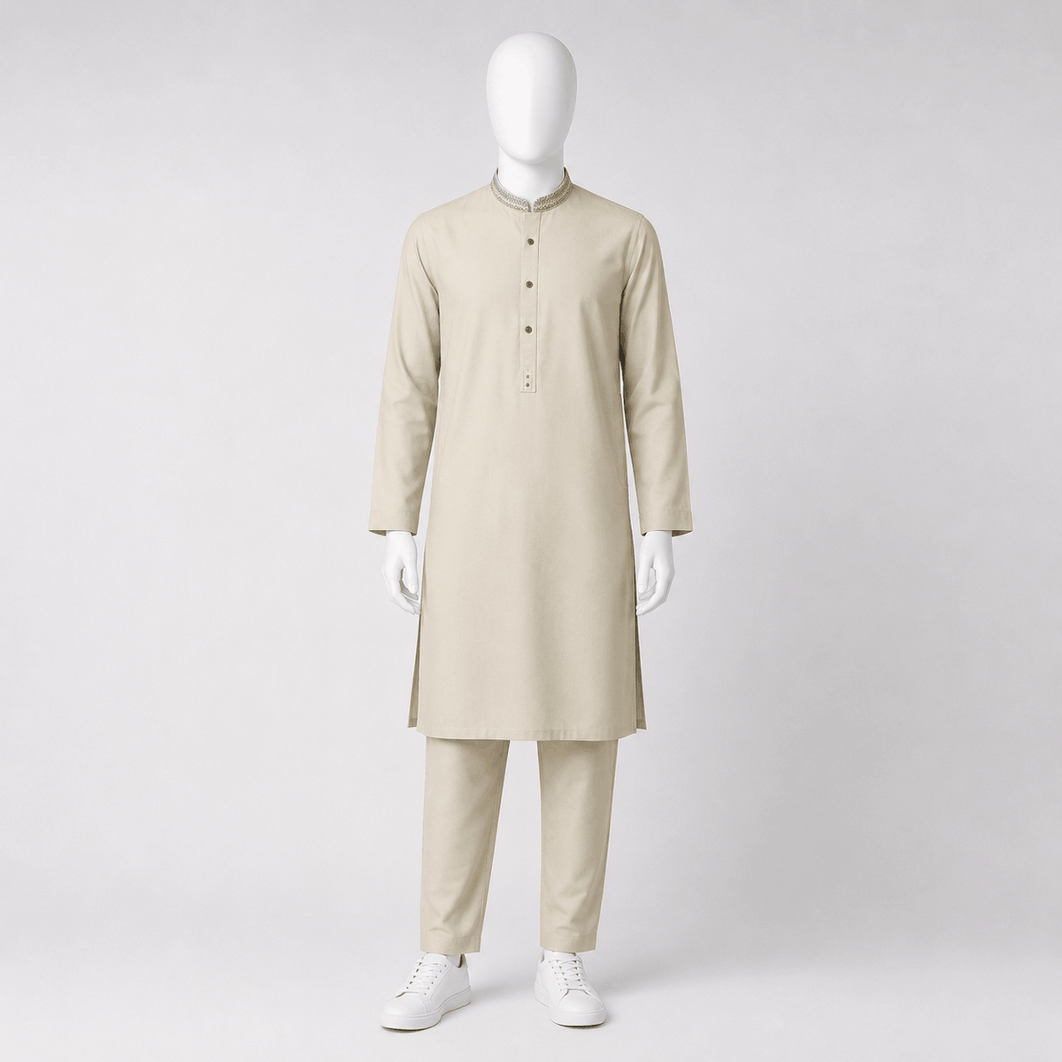 Boys Beige Embroidered Collar Kurta Pajama Festive 2 Piece Set
